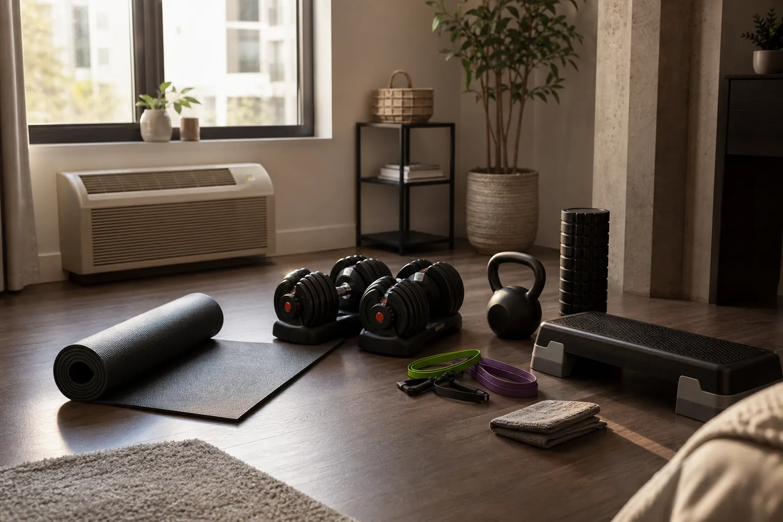 Organized home workout gear in a small apartment fitness corner